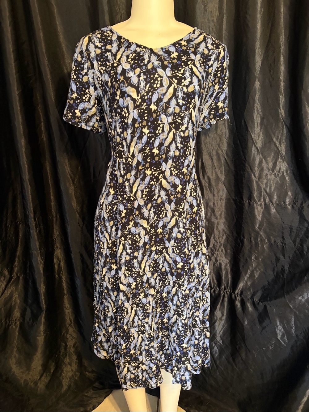Woman Within Navy Midi Dress with Light Blue and Cream Floral Print